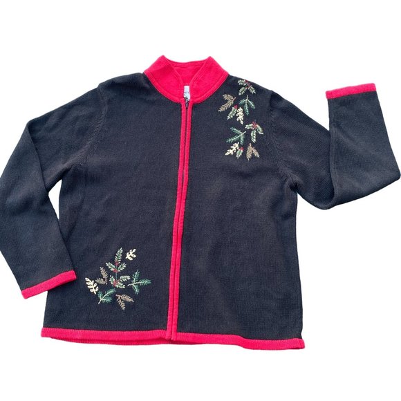 Vintage Breckenridge Embroidered Christmas Cardigan Black Zip Sz XL - Picture 6 of 13